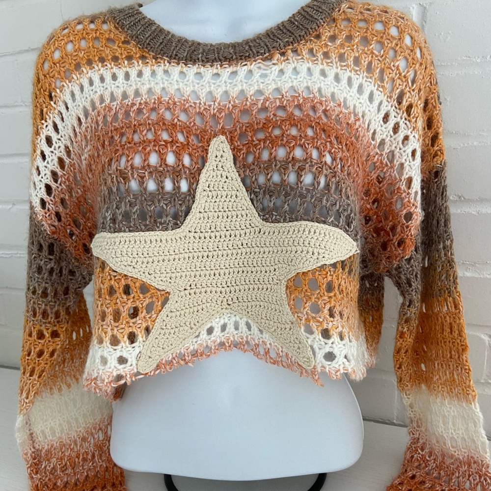 New With Tags Forever 21 Multicolor Crochet Star Design Long Sleeve Sweater XS